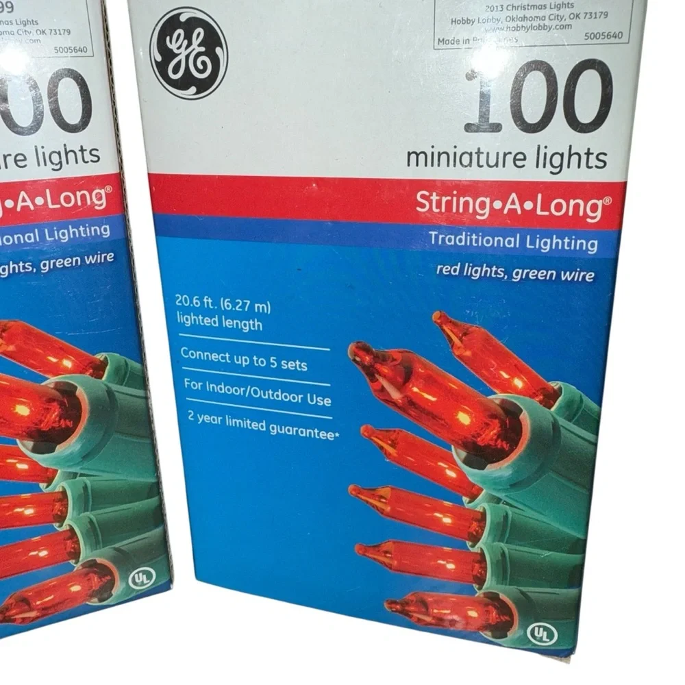 GE 100 Miniature String•A•Long Lights Red With Green Wire 2 Boxes New In Box